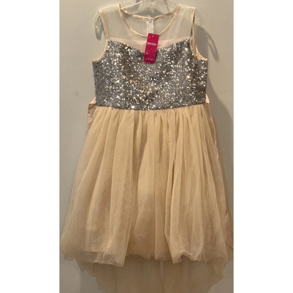 Sunny Fashion Girls Sequin Tulle Dress Champagne Silver Sparkle Party Gown NEW